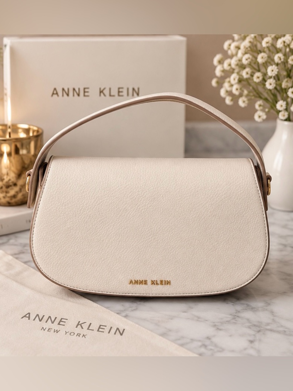Anne Klein Ivory Cream Leather Top-Handle Shoulder Bag with Gold Logo